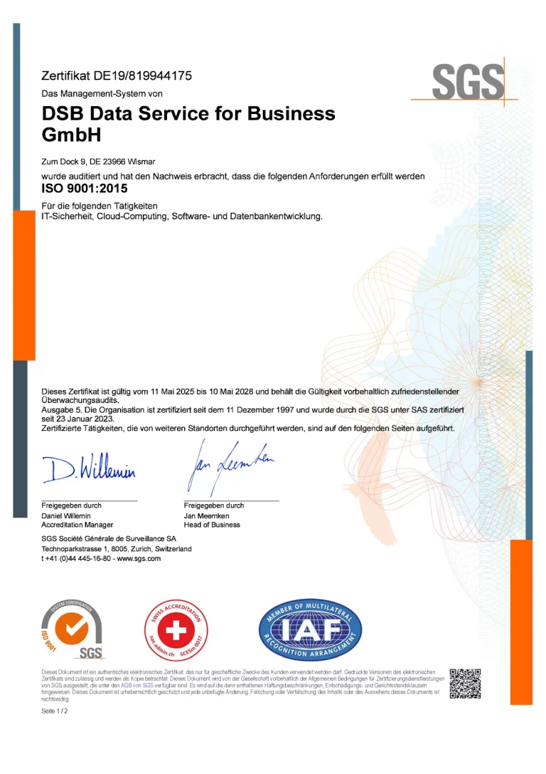 DSB - ISO 9001 Zertifikat Seite 1